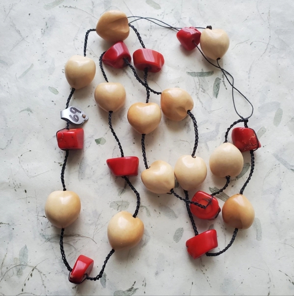 Artisan Coral & Kukui Nut Silk Cord Necklace - Nwt